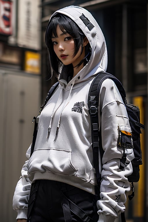 masterpiece, best quality, highres, solo, asian girl, mature, long hair, black hair, hime cut, mature woman, big breasts, detailed face, techwear hoodie, techwear pants, backpack, ,urban techwear,