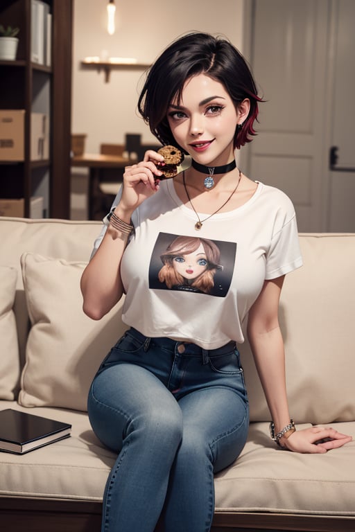 masterpiece, best quality, highres, solo, 1girl,  ruby rose, big breasts, wide hips, big eyes, cute, energetic, smile, pearcing, jewelry, choker necklace, bracelet, black jeans, white t-shirt,  dark black jeans, eating cookies, sit on sofa, feets on table, cookies