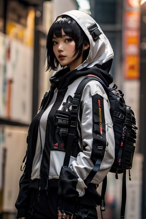 masterpiece, best quality, highres, solo, asian girl, mature, long hair, black hair, hime cut, mature woman, big breasts, detailed face, techwear hoodie, techwear pants, backpack, ,urban techwear,