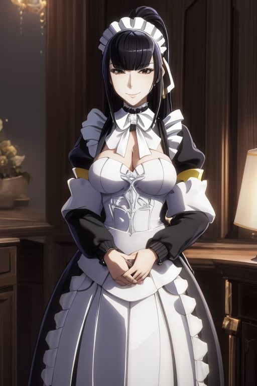 masterpiece, best quality, highres, 1girls, solo, narberal gamma, girl, mature, cute, big breasts, wide hips, long hair, black hair, sexy, jewelry, choker necklace, bracelet, jacket, seductive pose, maid, small smile