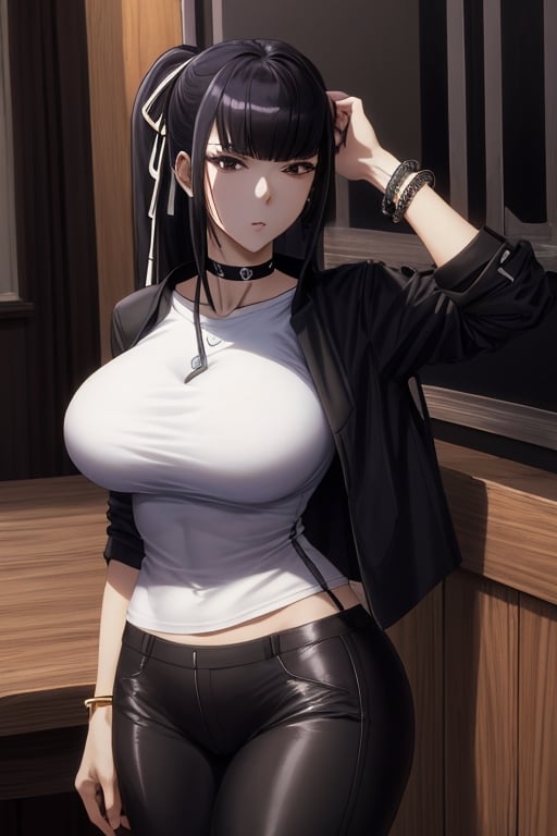 masterpiece, best quality, highres, 1girls, solo, narberal gamma, girl, mature, cute, big breasts, wide hips, long hair, black hair,  sexy, jewelry, choker necklace, bracelet, black pants, white t-shirt, black jacket, seductive pose,