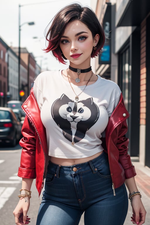 masterpiece, best quality, highres, solo, 1girl,  ruby rose, big breasts, wide hips, big eyes, cute, smile, pearcing, jewelry, choker necklace, bracelet, black jeans, white t-shirt, leather red jacket, black jeans, 