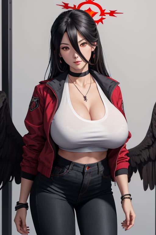 masterpiece, best quality, highres, hasumidef, hasumigym, 1girls, solo, girl, mature, cute, giant breasts, weak red eyes, wide hips, red halo, long hair, huge breasts,  black hair, huge_breasts, one pair black wings behind, jacket, jewelry, choker necklace, bracelet, black long jeans,