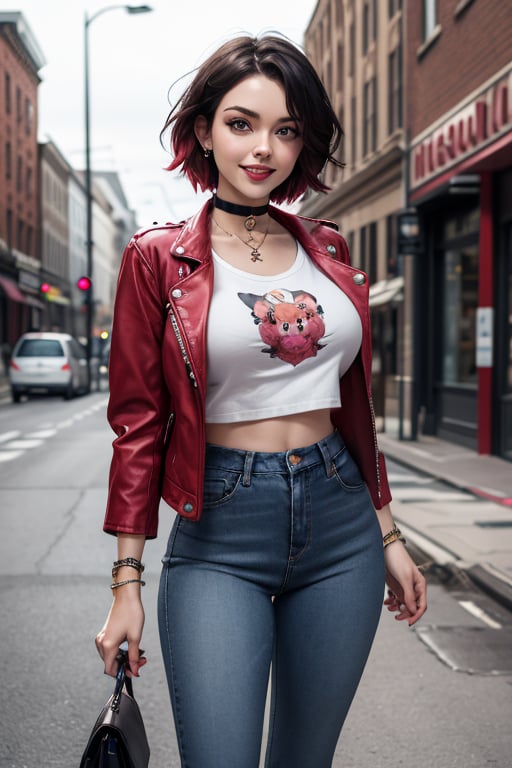 masterpiece, best quality, highres, solo, 1girl,  ruby rose, big breasts, wide hips, big eyes, cute, energetic, smile, pearcing, jewelry, choker necklace, bracelet, black jeans, white t-shirt, leather red jacket, black jeans, pub