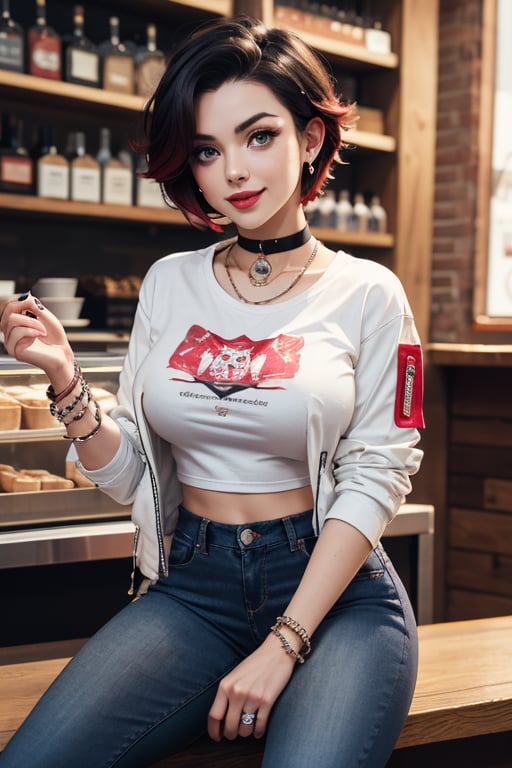 masterpiece, best quality, highres, solo, 1girl,  ruby rose, big breasts, wide hips, big eyes, cute, energetic, smile, pearcing, jewelry, choker necklace, bracelet, black jeans, white t-shirt, leather red jacket, black jeans, sit, caffe shop