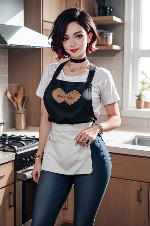 masterpiece, best quality, highres, solo, 1girl,  ruby rose, big breasts, wide hips, big eyes, cute, energetic, smile, pearcing, jewelry, choker necklace, bracelet, black jeans, white t-shirt, apron, dark black jeans, cookies in hand, kitchen, baking cookies, full apron