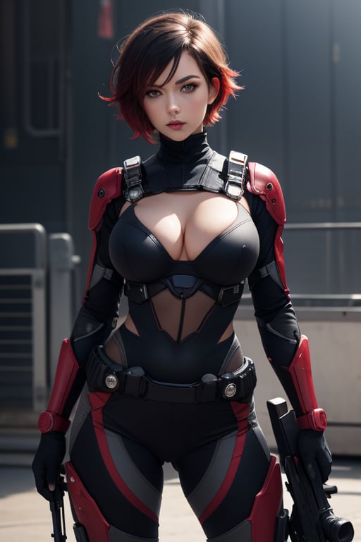 masterpiece, best quality, highres, solo, 1girl, ruby rose, big breasts, wide hips, looking at viewer, battle suit, sniper_rifle