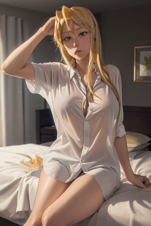 masterpiece, best quality, highres, hmmr1, mature, 1girls, solo girl, marikawashizuka, large breasts, Oversized shirt, bed