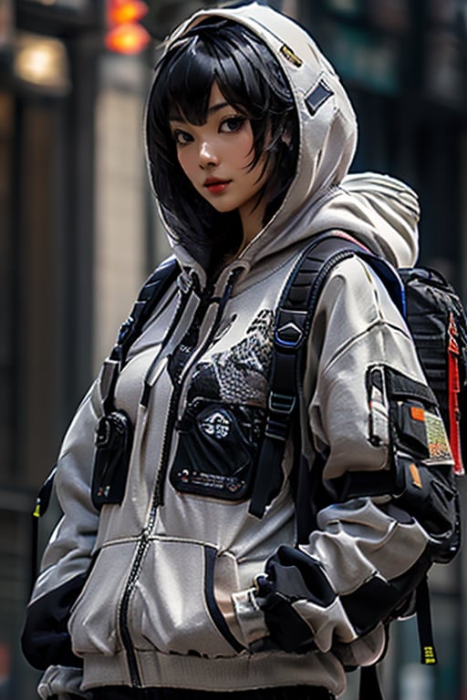 masterpiece, best quality, highres, solo, asian girl, mature, long hair, black hair, hime cut, mature woman, big breasts, detailed face, techwear hoodie, techwear pants, backpack, ,urban techwear,