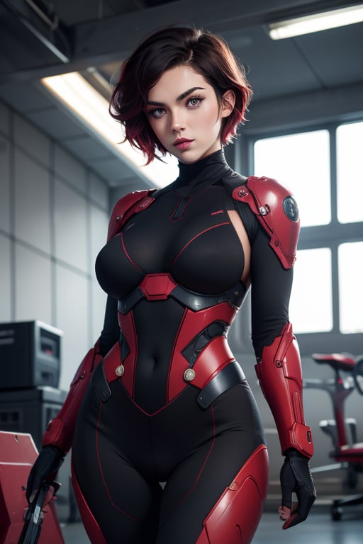 masterpiece, best quality, highres, solo, 1girl, ruby rose, big breasts, wide hips, looking at viewer, battle suit