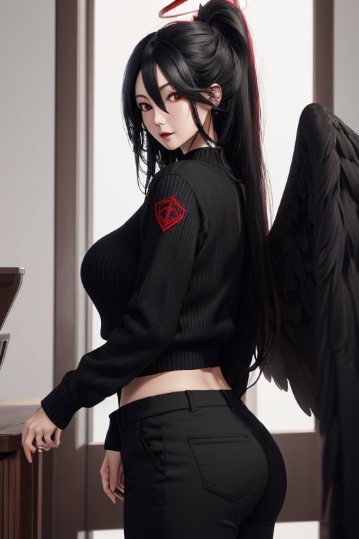 masterpiece, best quality, highres, 1girls, solo, mature, girl, wide hips, red halo, long hair, wing behind, huge breasts, black hair, black wings, sweater, pants,hasumidef