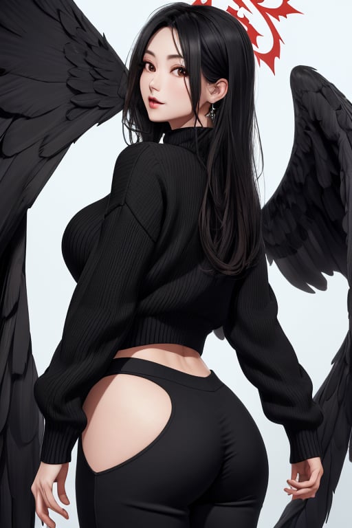 masterpiece, best quality, highres, 1girls, solo, mature, girl, wide hips, halo, long hair, wing behind, huge breasts, black hair, black wings, sweater, pants