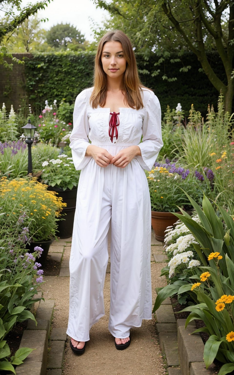 a full body shot of an attractive woman wearing traditional dutch clothing in a garden, extremely detailed eyes