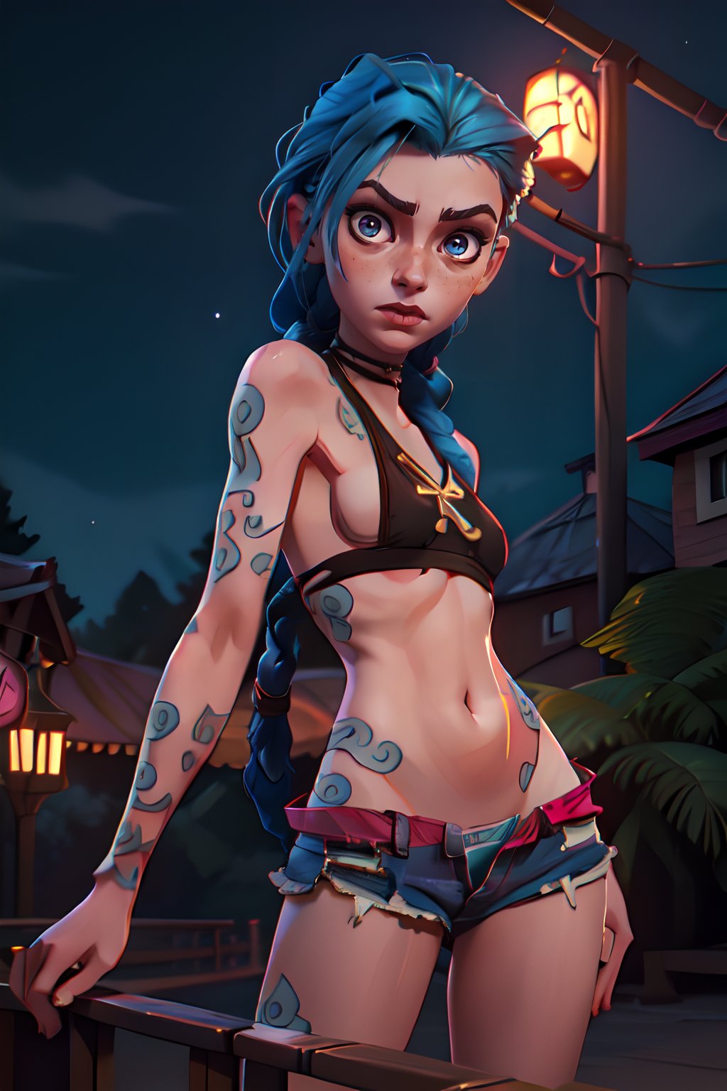 arcane style,blue hair, two braids, jinx, young female, 20 years old, (small breasts), arm tattoo, Belly Tattoo,Belly Tattoo,looking at the viewer, outdoors,night,underdressed, club, panties, ripped jean shorts,small weist,ass positioned sideways,arcane style, topless