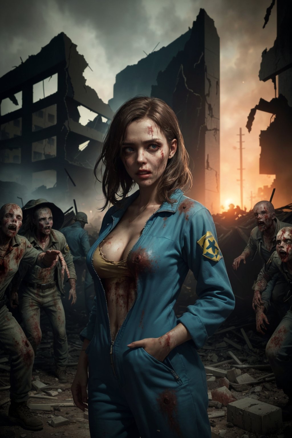 "(((A cute German woman amidst the ruins of a city, dressed in a Fallout-themed 
blue jumpsuit,)), Realistic Photograph, Cinematic Lighting, Medium Shot, 8K Resolution, (((outdoor))), (((adorable))), (((apocalyptic))), (((masterpiece))), with influences from post-apocalyptic photographers on Art Station and Behance, [View front, (((Highly Detailed))), (((Bokeh)))], featuring a captivating face inspired by adorable Instagram artists, ((surrounded by a horde of zombies in the background, creating a thrilling and immersive scene))."