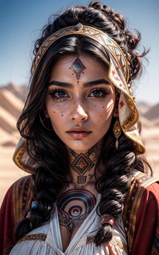 beautiful face Arabian nomad woman, long curly black hair, black eyes healer, shaman, natural mystical, chin tattoo, desert, nose piercing, traditional dress, large_breast 