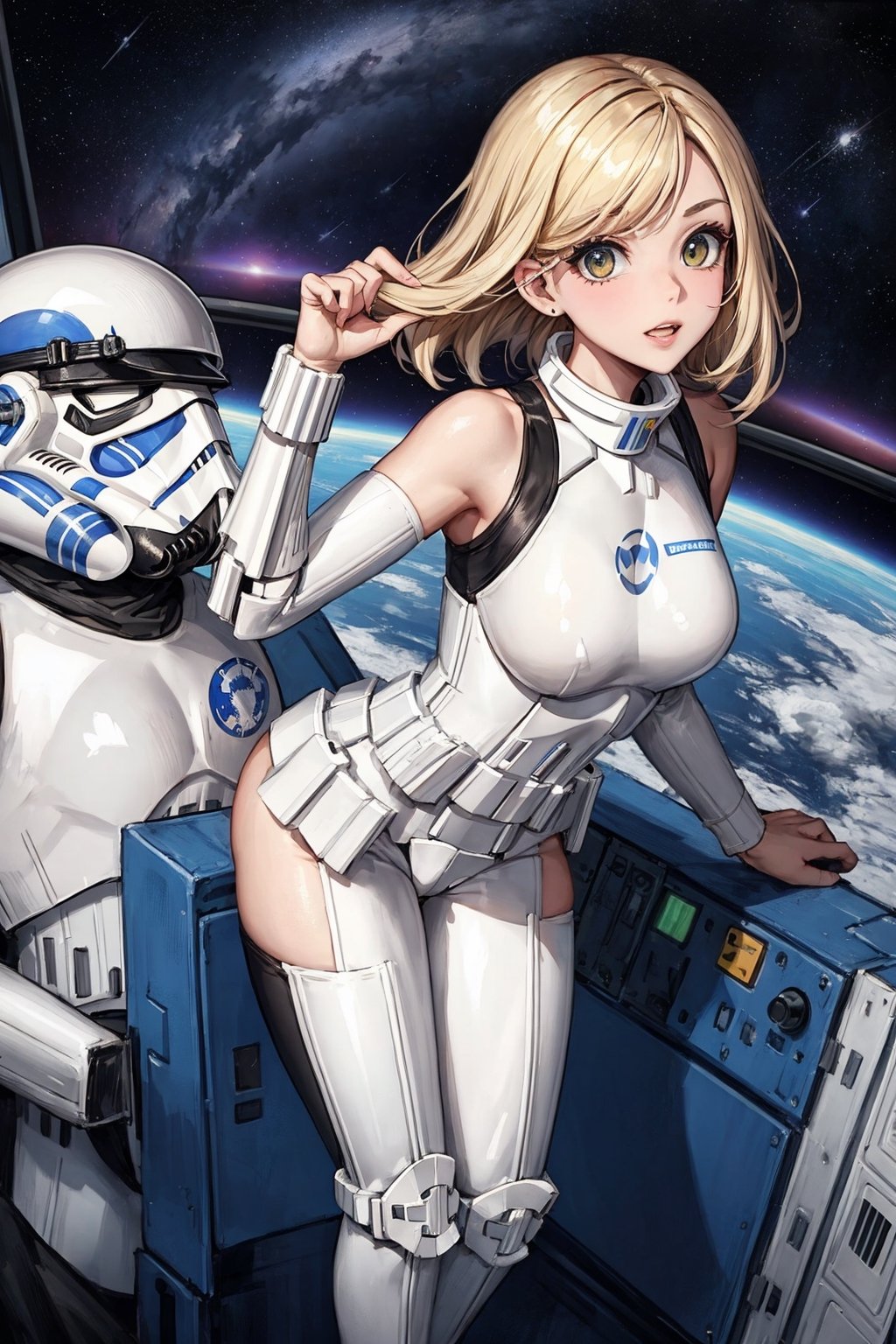 Stormtrooper, female, supervising a ship in space, athletic body, face visible, Dove Cameron