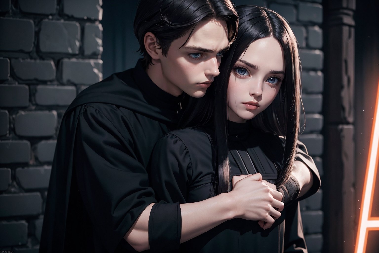 Wednesday Addams and Anakin Skywalker, beautiful woman and man, young 21 years old, athletic body, Sith Lord clothing, Woman and man hugging