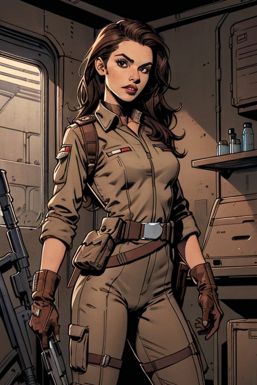 Victoria Justice, 1girl, star wars, long hair, looking at viewer, brown hair, gloves, brown eyes, weapon, solo focus, belt, uniform, lips, gun, military, rifle, science fiction, pouch, realistic, holster, animification