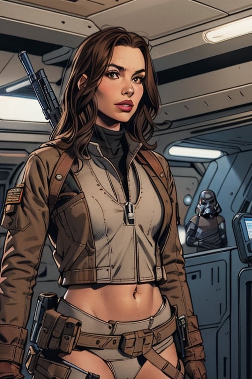 Victoria Justice, 1girl, star wars, long hair, looking at viewer, brown hair, gloves, brown eyes, weapon, solo focus, belt, uniform, lips, gun, military, rifle, science fiction, pouch, realistic, holster, animification