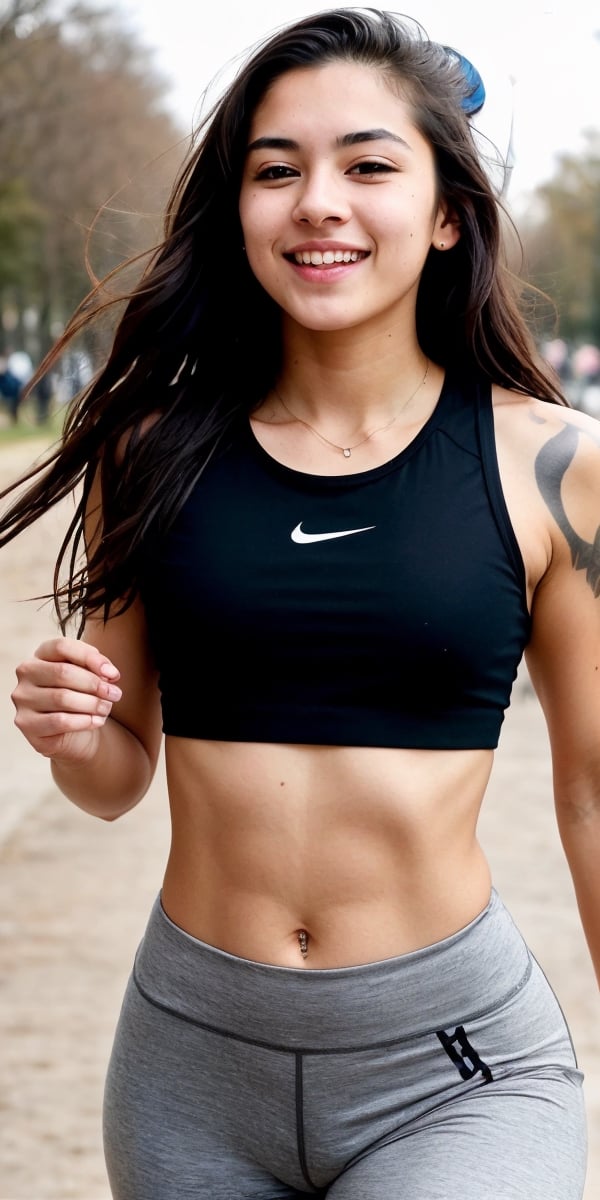 lovely cute young attractive Native American teenage girl in a black crop top,  16 years old, cute, an Instagram model, long brown hair, colorful hair, winter, muscled body, Training in the park running
