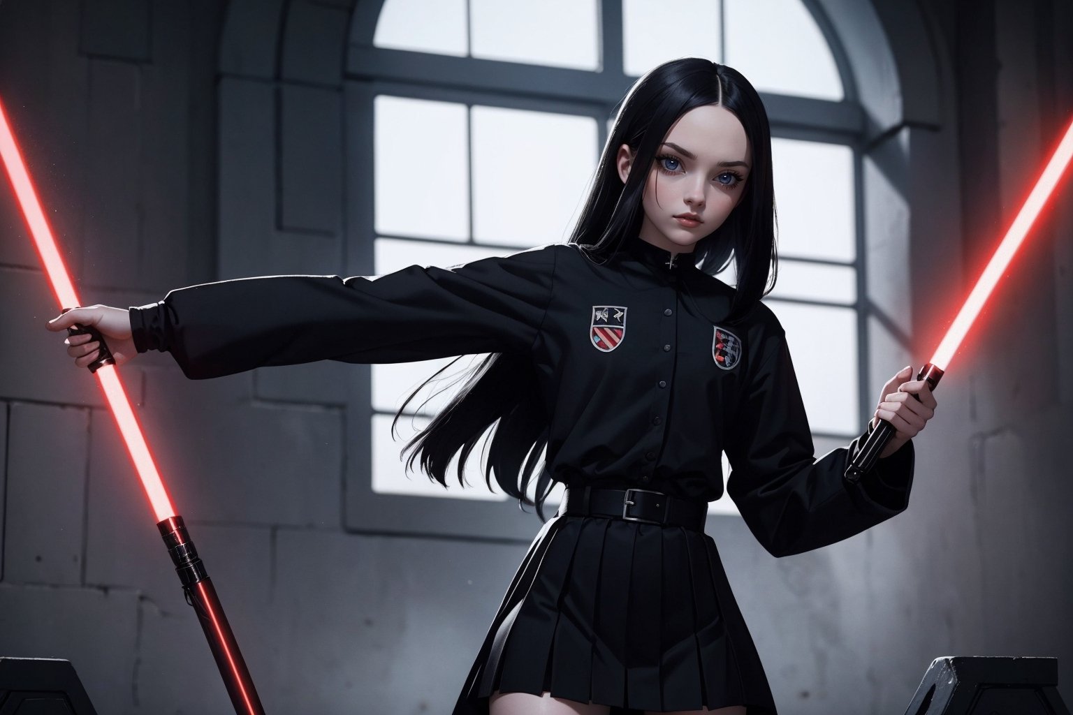 Wednesday Addams, beautiful woman, 21 years old, athletic body, Sith Lord clothing, in a battle