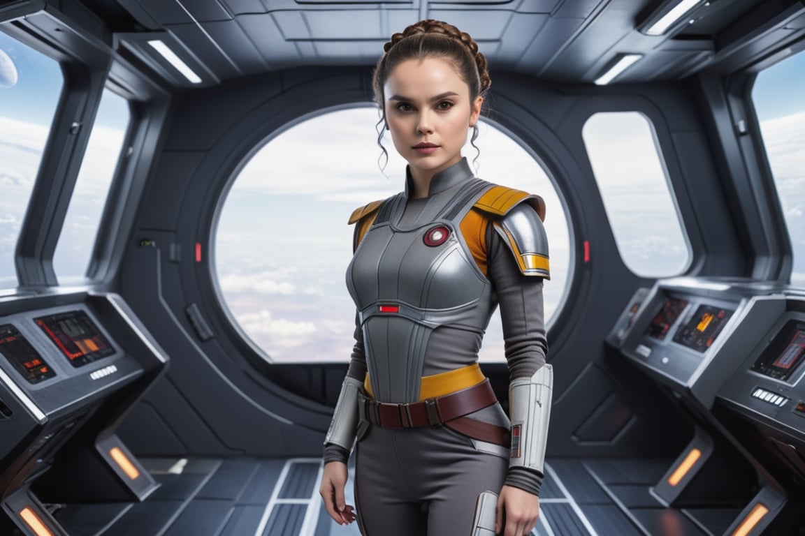 Padmé Amidala, Jedi Woman, full body, on an imperial spaceship, athletic body, training in space gym, using weight equipment, Padmé Amidala character, Daisy Ridley