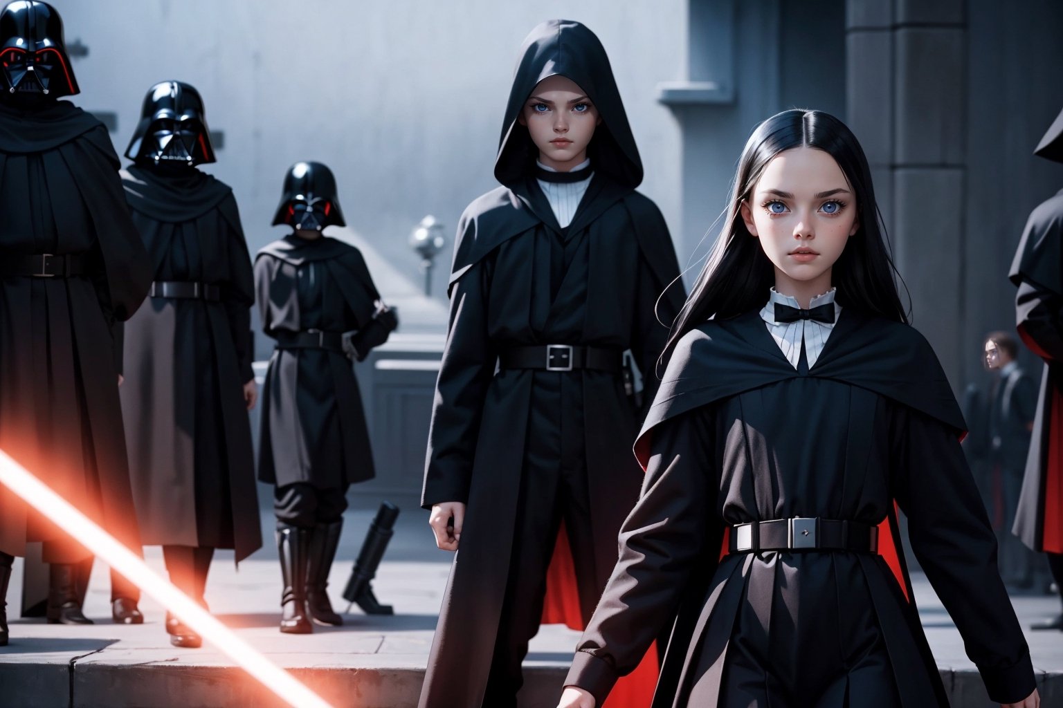 Wednesday Addams and Anakin Skywalker, beautiful woman and man , young 21 years old, athletic body, sith lord clothes, in a battle with Dark Vader