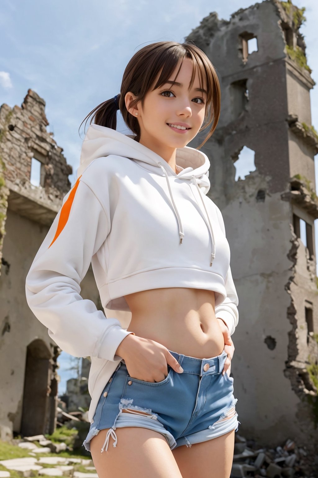  (happy), Kyoto animation style, (high quality, super detailed, perfect anatomy, masterpiece), one cute girl, petite, brunette hair, muscled body , white hoodie with orange pattern, crop top, belly button, denim shorts, discarded Castle ruins, morning, blue sky, akemi