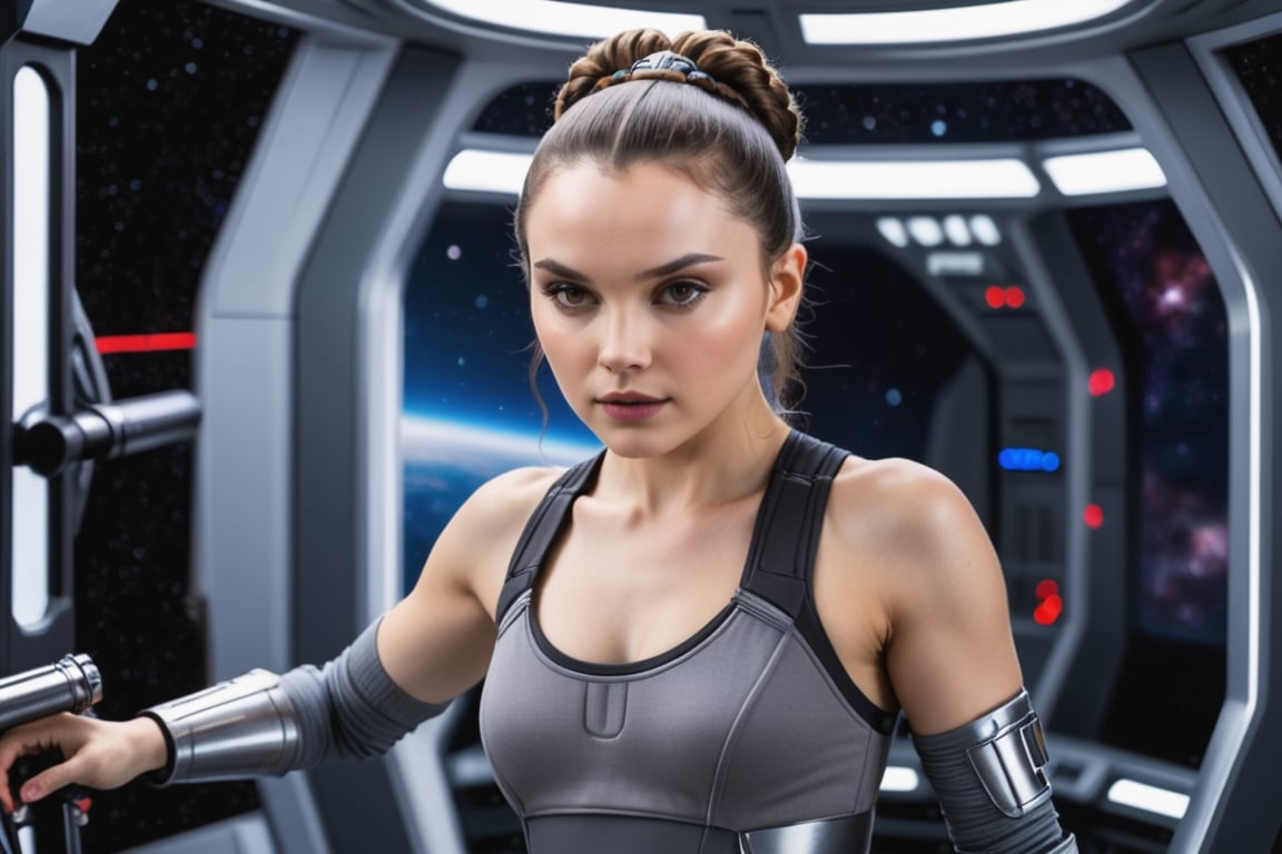 Padmé Amidala, Jedi Woman, on an imperial spaceship, athletic body, training in space gym, using weight equipment, Padmé Amidala character, Daisy Ridley
