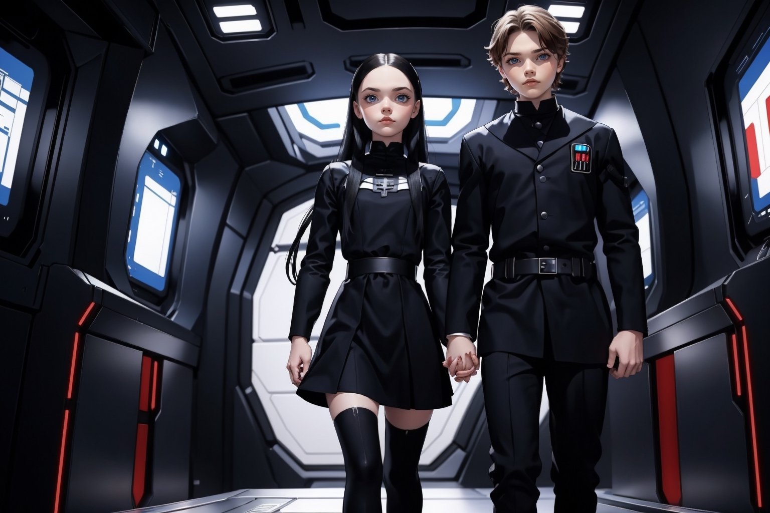 Wednesday Addams and Anakin Skywalker, beautiful woman and man, young 21 years old, athletic body, Sith Lord clothing, woman and man holding hands, on a space station