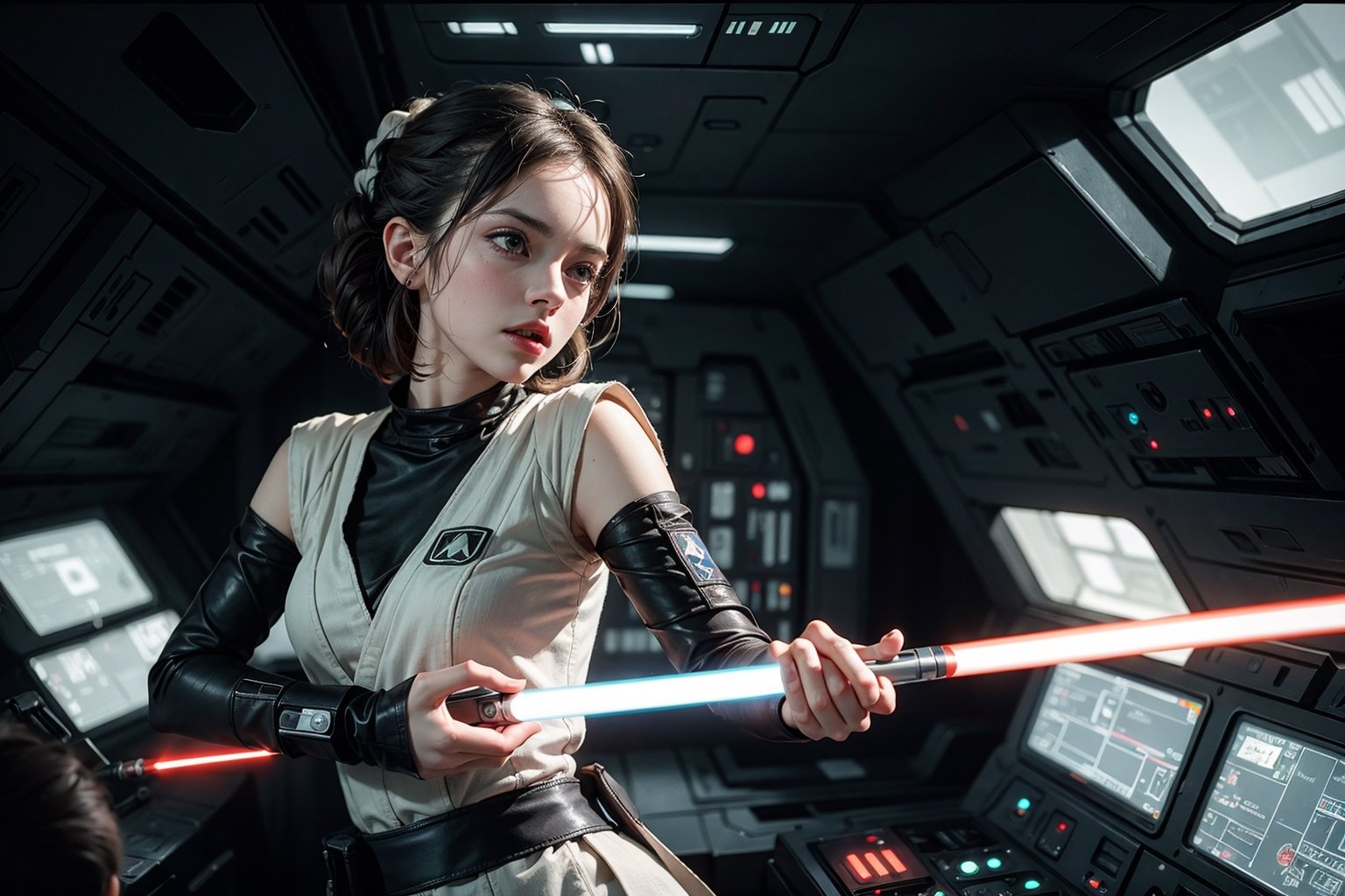 Female Jedi, on an Imperial spaceship, faces Imperial First Order troops, athletic body, Rey character, lightsaber, Daisy Ridley