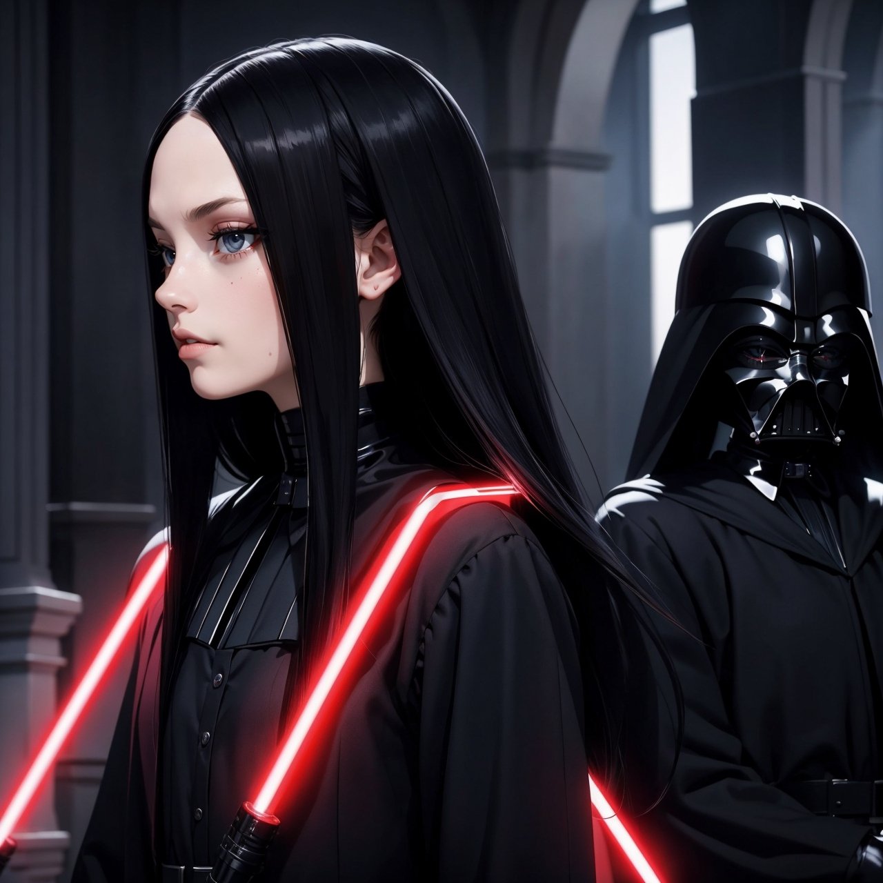 Wednesday Addams and Dark Vader, beautiful woman, young 21 years old, athletic body, sith lord clothes, in a battle with Dark Vader