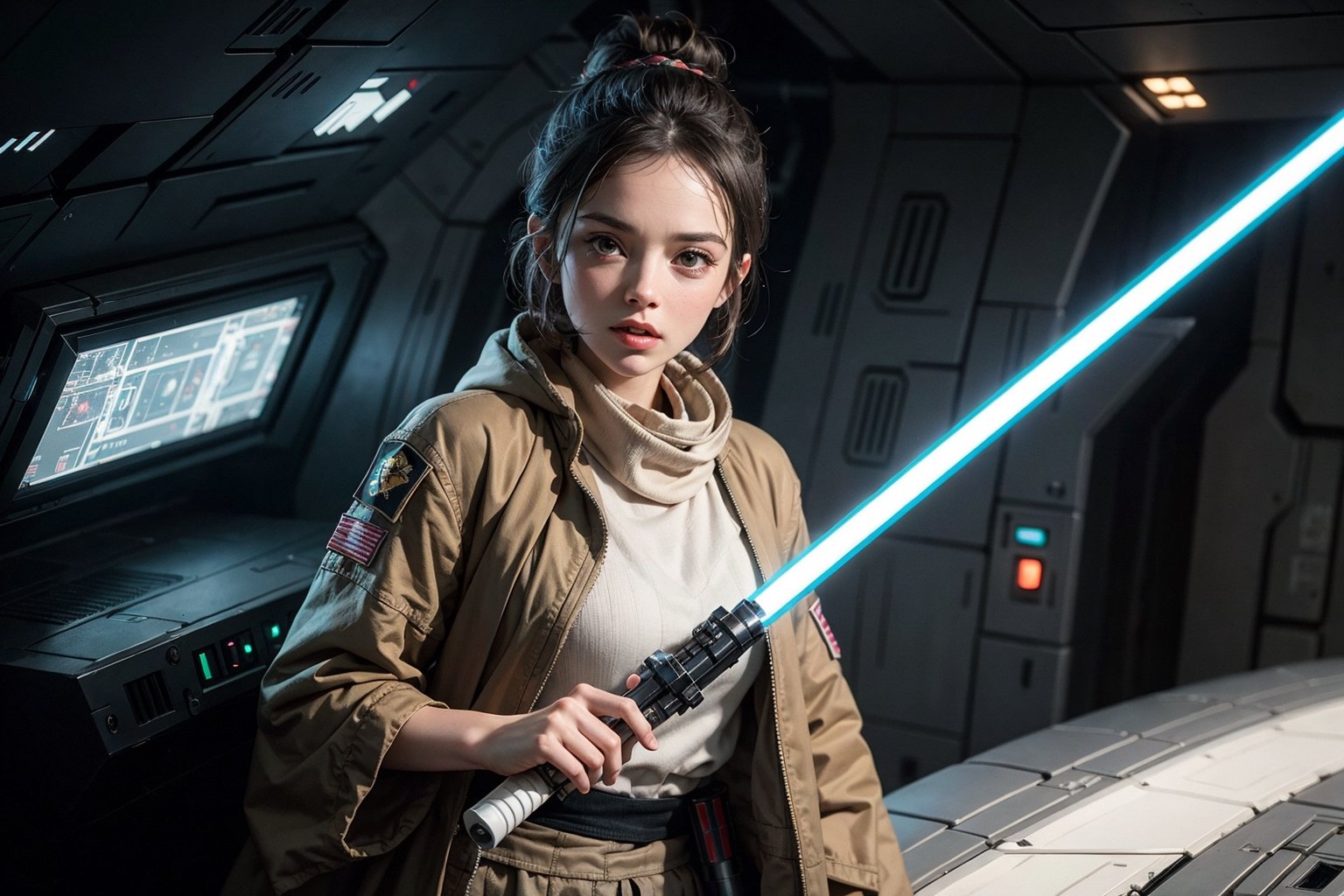 Female Jedi, on an Imperial spaceship, faces Imperial First Order troops, athletic body, Rey character, lightsaber, Daisy Ridley