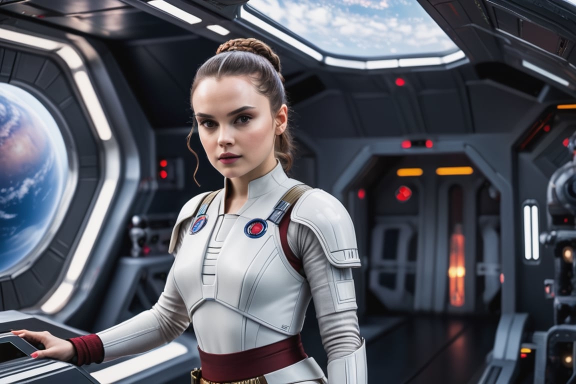 Padmé Amidala, Jedi Woman, on an imperial spaceship, athletic body, ((training in space gym)), Padmé Amidala character, Daisy Ridley