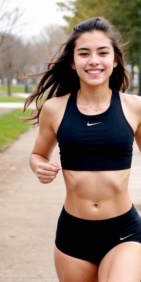 lovely cute young attractive Native American teenage girl in a black crop top,  16 years old, cute, an Instagram model, long brown hair, colorful hair, winter, muscled body, Training in the park running