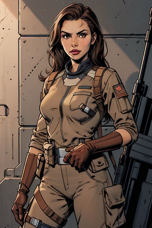 Victoria Justice, 1girl, star wars, trooper, long hair, looking at viewer, brown hair, gloves, brown eyes, weapon, solo focus, belt, uniform, lips, gun, military, rifle, science fiction, pouch, realistic, holster, animification