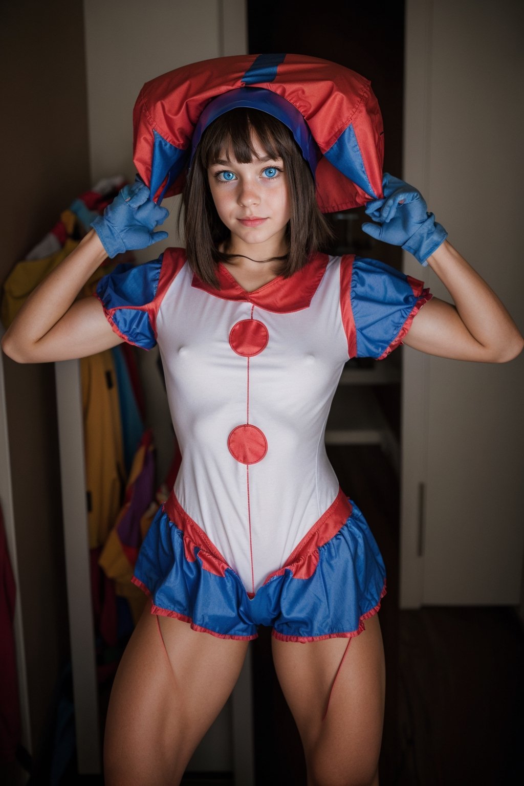 a young girl in clown costume posing with an iron on clothes iron, 1girl, solo, muscular woman,  blue eyes, gloves