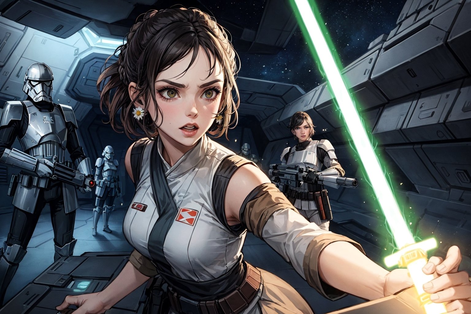 Female Jedi, on an Imperial spaceship, faces Imperial First Order troops, athletic body, Rey character, lightsaber, Daisy Ridley