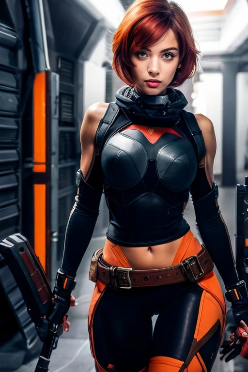 1girl, solo, muscular woman, breasts, looking at viewer, short hair, bangs, gloves, navel, holding, bare shoulders, medium breasts, standing, weapon, red hair, cowboy shot, black gloves, elbow gloves, midriff, belt, pants, indoors, fingerless gloves, holding weapon, orange hair, armor, lips, gun, swept bangs, thigh gap, shield