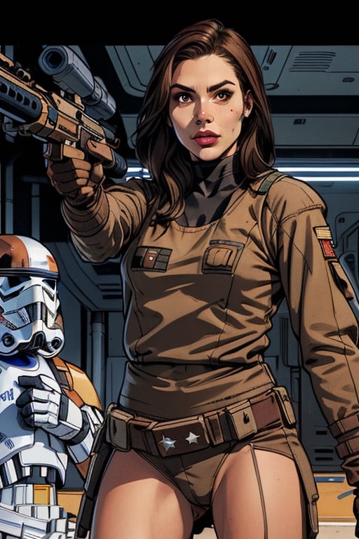 Victoria Justice, 1girl, star wars, trooper, long hair, looking at viewer, brown hair, gloves, brown eyes, weapon, solo focus, belt, uniform, lips, gun, military, rifle, science fiction, pouch, realistic, holster, animification