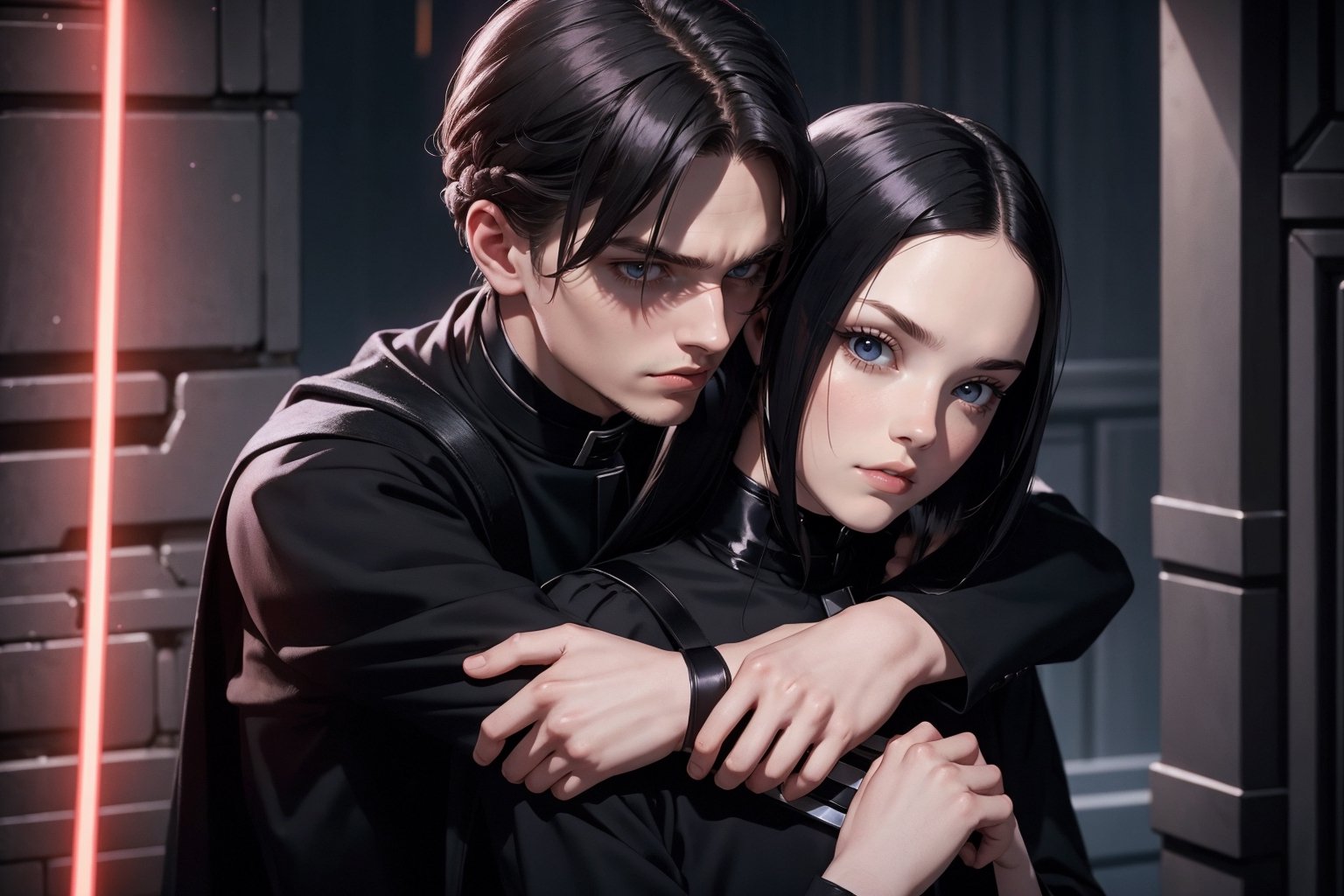 Wednesday Addams and Anakin Skywalker, beautiful woman and man, young 21 years old, athletic body, Sith Lord clothing, Woman and man hugging