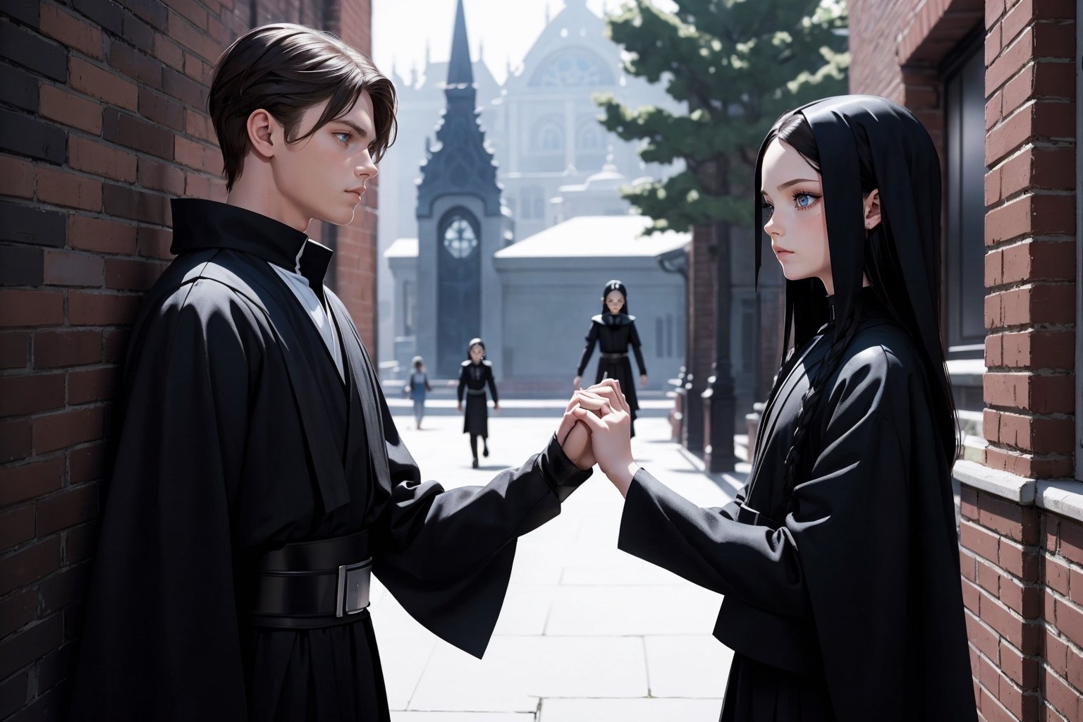 Wednesday Addams and Anakin Skywalker, beautiful woman and man, young 21 years old, athletic body, Sith Lord clothing, woman and man holding hands