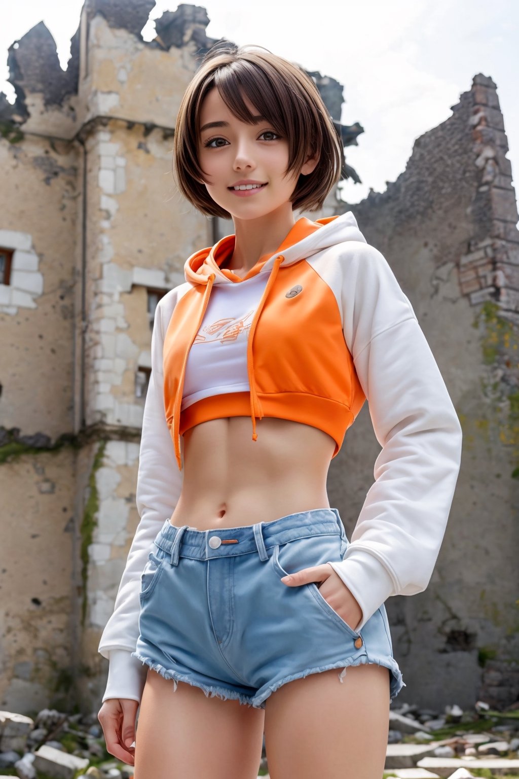  (happy), Kyoto animation style, (high quality, super detailed, perfect anatomy, masterpiece), one cute girl, petite, brunette hair, muscled body , white hoodie with orange pattern, crop top, belly button, denim shorts, discarded Castle ruins, morning, blue sky, akemi