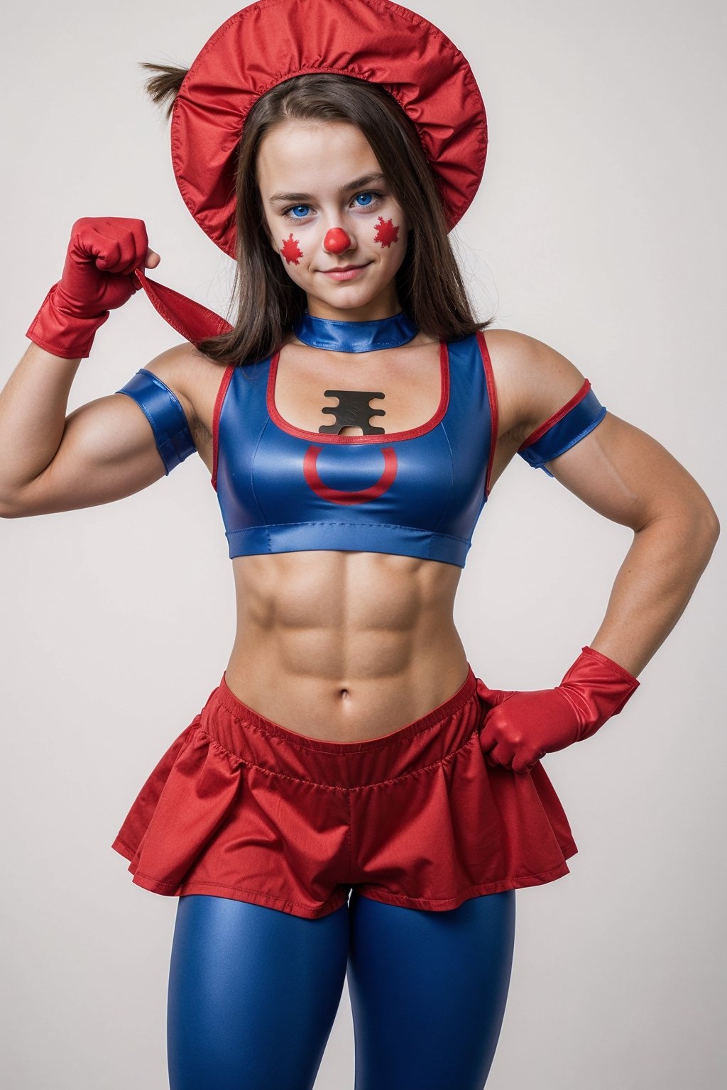 a young girl in clown costume posing with an iron on clothes iron, 1girl, solo, muscular woman,  blue eyes, gloves