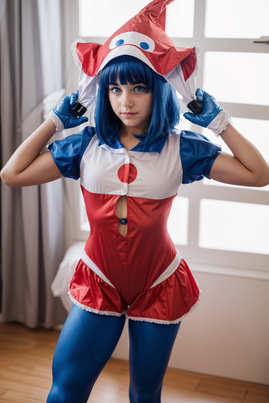 a young girl in clown costume posing with an iron on clothes iron, 1girl, solo, muscular woman,  blue eyes, gloves