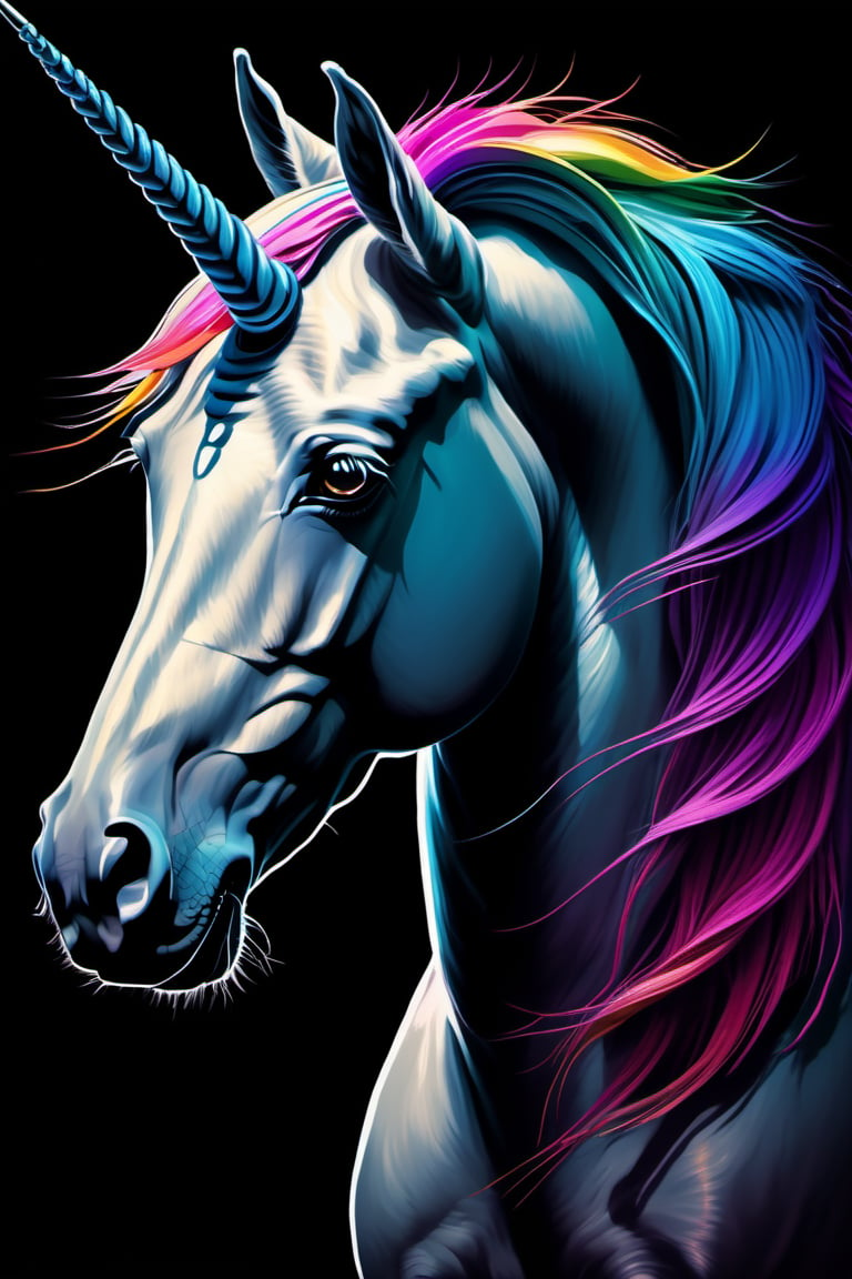 unicorn drawing with colorful details, in the style of realistic chiaroscuro lighting, illustration, dark palette, electric color schemes, playful yet dark, airbrush art, 8k resolution, Cinematic
