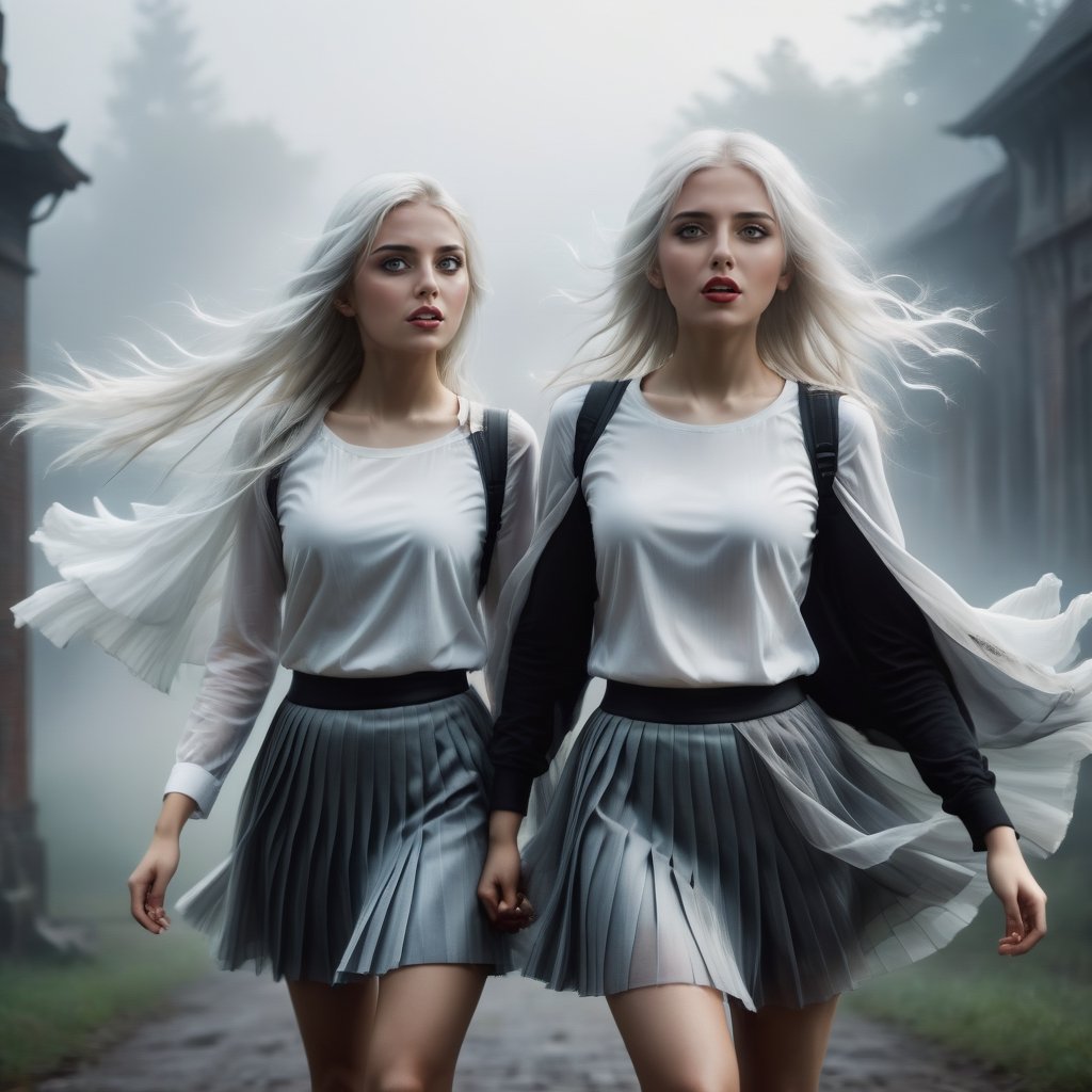 (cinematic, subdued colors, low contrast, contour light, soft light, high field depth, Canon eos 5d mark,  f1.2, 85mm, 1/200s, iso100, high octane, unreal engine 5, (ethereal)), two (European) twin girls stand with long white hair in a (pleated mini skirt:1.3), (one arm up, arm extended, pointing at camera:1.3), white shirt and black tie, (wide open eyes:1.3), (open mouth, dropped jaw), at Academy, Darkness and fog all around, epic background, gorgeous realism, moody design, hyper detail, cinematic, insane details, Extremely Realistic, 