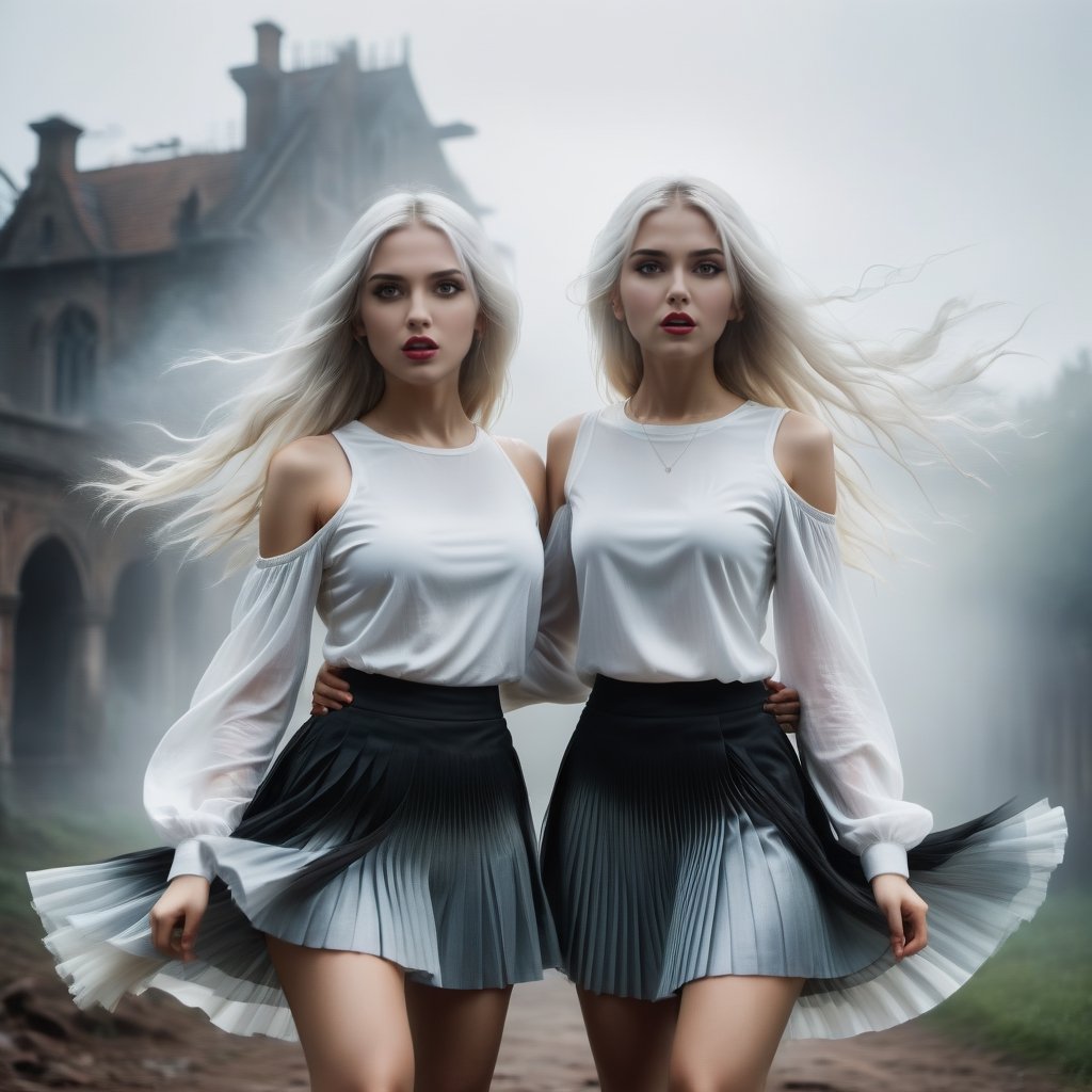 (cinematic, subdued colors, low contrast, contour light, soft light, high field depth, Canon eos 5d mark,  f1.2, 85mm, 1/200s, iso100, high octane, unreal engine 5), two (European) twin girls stand with long white hair in a (pleated mini skirt:1.3), (one arm up, arm extended, pointing at camera:1.3), white shirt and black tie, (wide open eyes:1.3), (open mouth, dropped jaw), at Academy, Darkness and fog all around, epic background, gorgeous realism, moody design, hyper detail, cinematic, insane details, Extremely Realistic, 