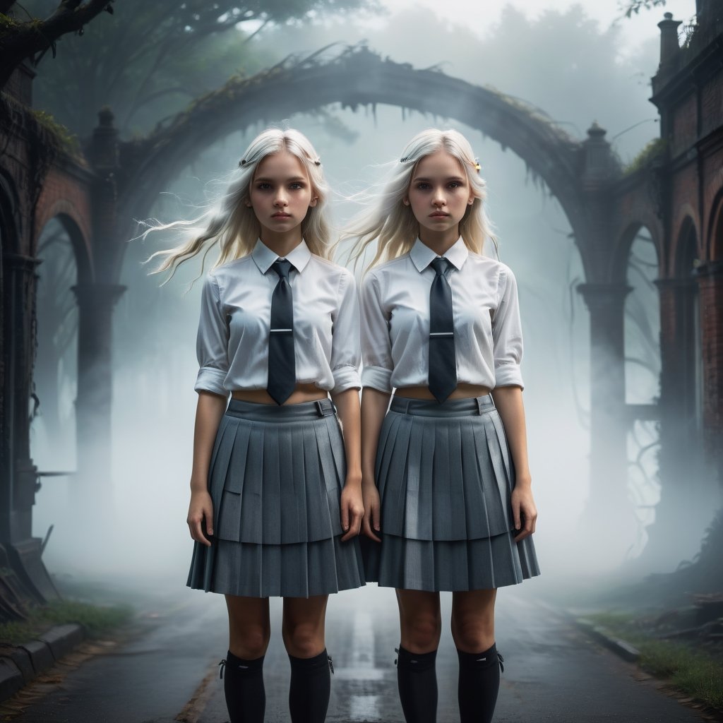 cinematic, subdued colors, low contrast, contour light, soft light, high field depth, Canon eos 5d mark,  f1.2, 85mm, 1/200s, iso100, high octane, unreal engine 5, two twin girls stand with long white hair in a pleated skirt, white shirt and tie, In Academy, Darkness and fog all around, epic background, gorgeous realism, moody design, hyper detail, light art, cinematic, crazy details, intricate details, 